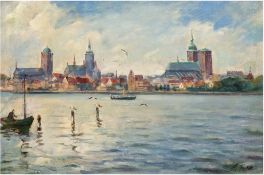 "Blick auf Stralsund", Öl/Lw., undeutl. sign. u.r., 45x65 cm, Rahmen