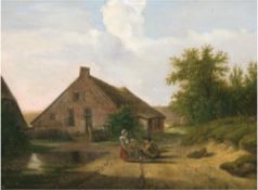 Romantiker (19. Jh.) "Begegnung vor dem Dorfanger", Öl/Lw., unsigniert, 30x38 cm, Rahmen