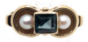 Ring um ca. 1930/40, 333er GG, 2,8 g, turmalinfarbener Spinell, 2 echte Perlen, leichte Gebrauchssp
