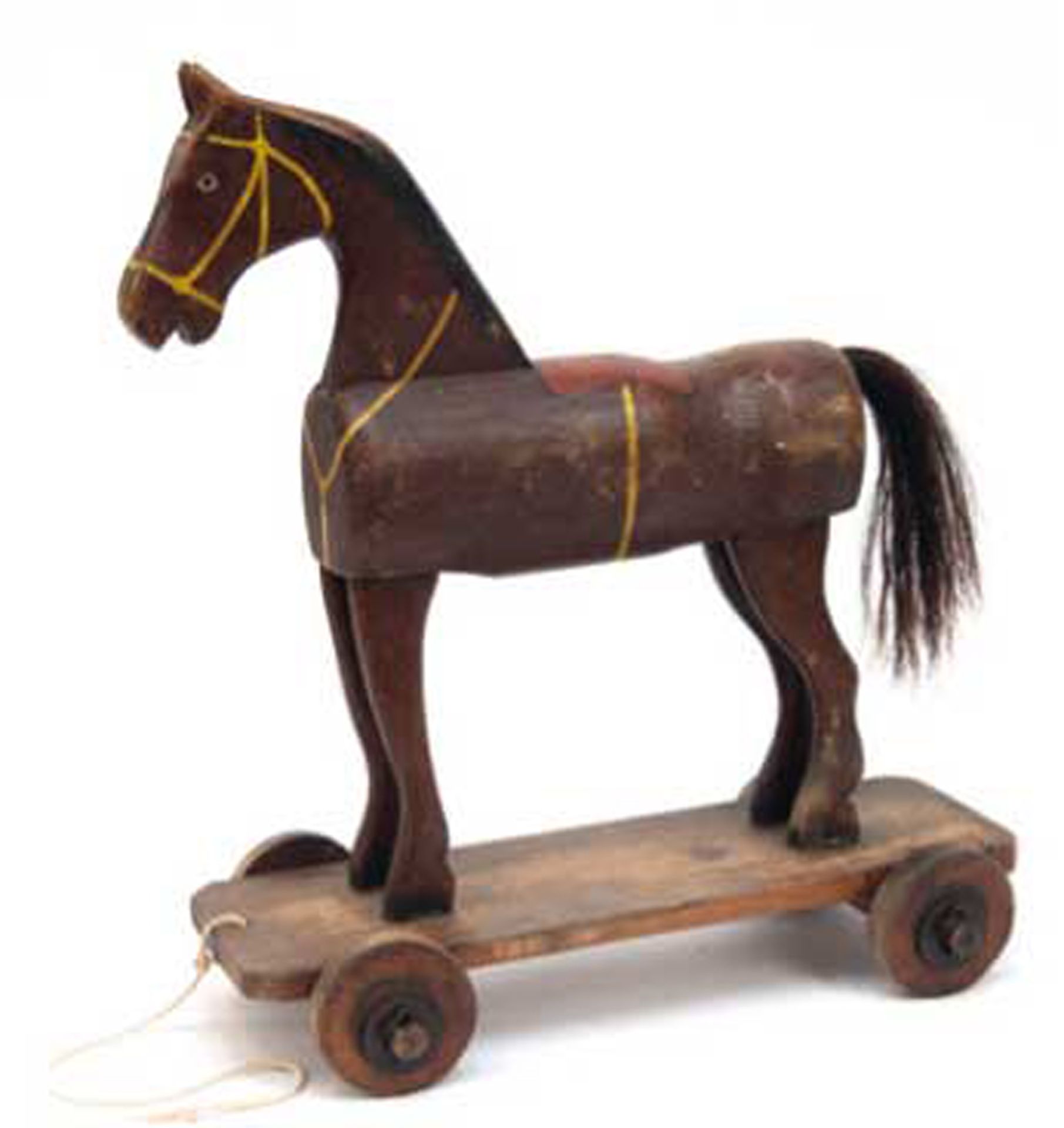 Kinderspielzeug "Pferd", um 1920, Holz, bemalt, auf Rädern, farbig gefasst, Gebrauchspuren, H. 52,5