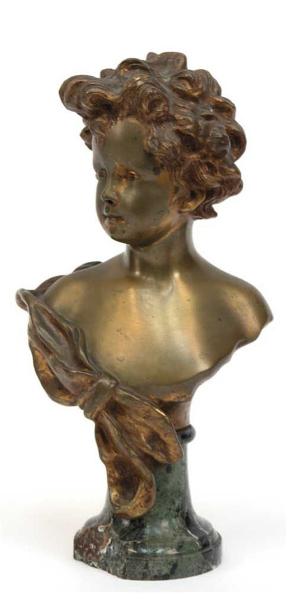 Duray "Mädchenbüste", Bronze mit Restvergoldung, sign., H. 23 cm, auf Marmorsockel (beschädigt), H.