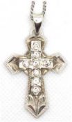 Kette und Anhänger „Kreuz“ 4,4 x 3,0 cm mit Öse, 925er Silber, weißer Steinbesatz, Oberfläche mit g