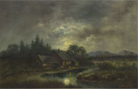 Douzette, H. "Idyllische Flußlandschaft mit Bauernhaus vor Hügelkette im Mondschein", um 1900, Öl/L
