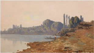 Laronze, Jean (1852 Génelard, Frankreich-1937 Neuilly-sur-Seine) "Idyllische Seenlandschaft", Öl/Lw