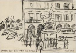 "Goldene Jean d´arc an der Rue Rivoli", Federzeichnung, unsign., dat. 1963 u.r. und bez. u.l., 13x1