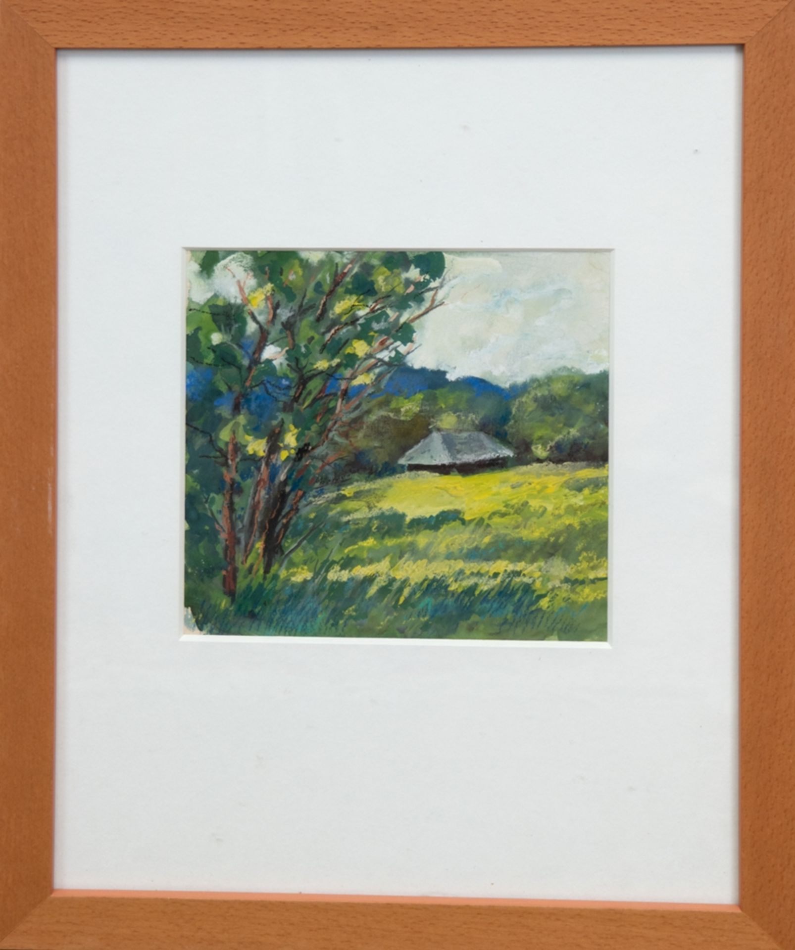 "Sommerlandschaft mit Blick auf ein Gehöft", Mischtechnik, unsign., 18x18 cm, im Passepartout hinte - Bild 2 aus 2