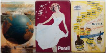 3 alte Werbeschilder "Norddeutscher Lloyd, Bremen", Parade der Wela Erzeugnisse" und Persil-100 Jah