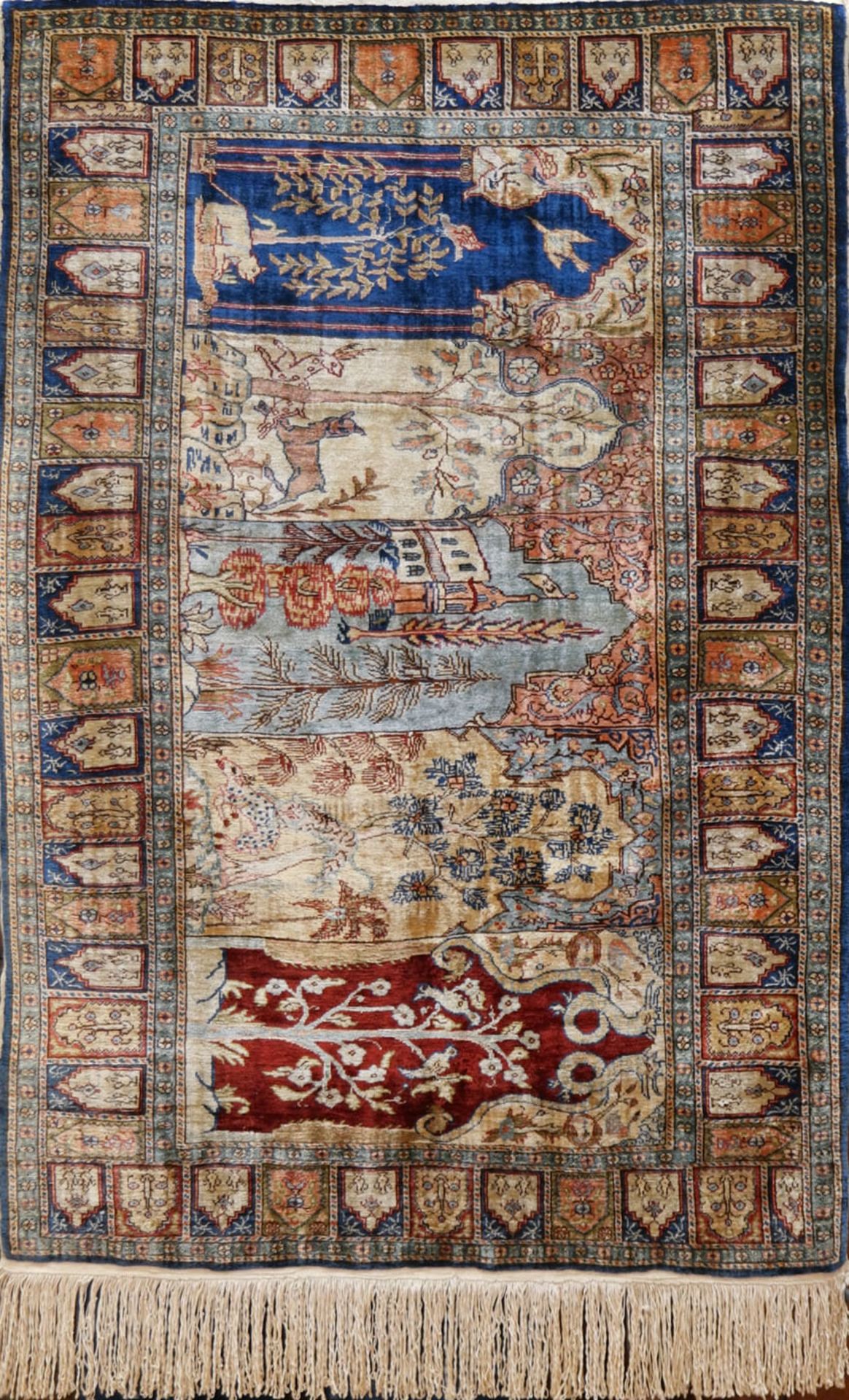 Gebetsteppich, Seide, verschiedenfarbige Arkaden mit Pfanzen- und Tiermotiven, 97x65 cm