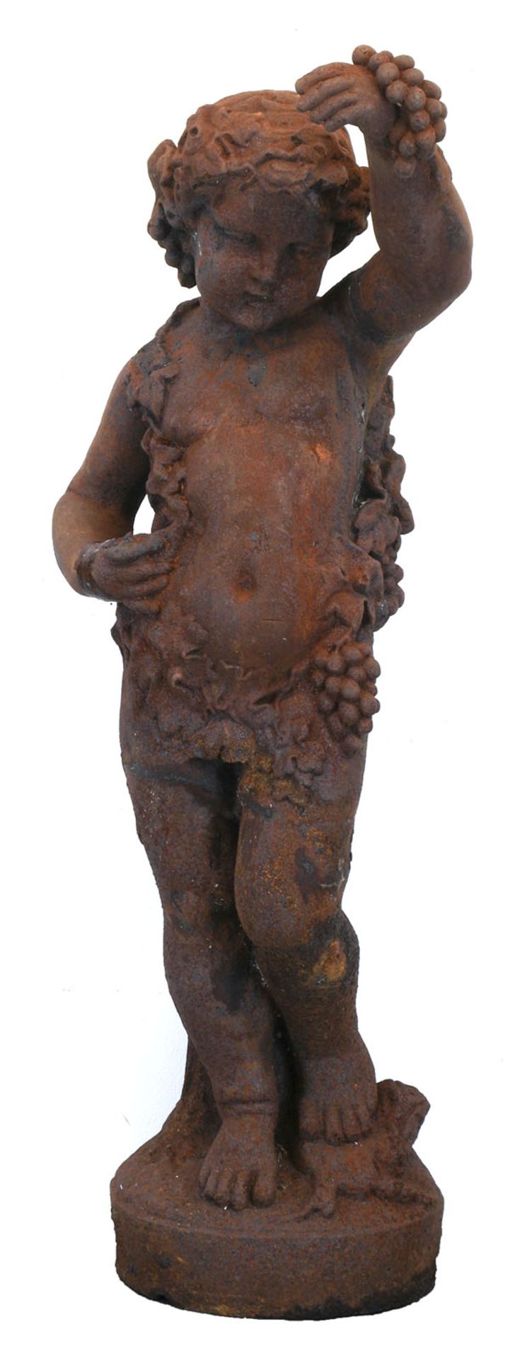 Große Gartenfigur "Bacchus", 19. Jh., Eisenguß, korrodiert, H. 137 cm, Dm. 50 cm