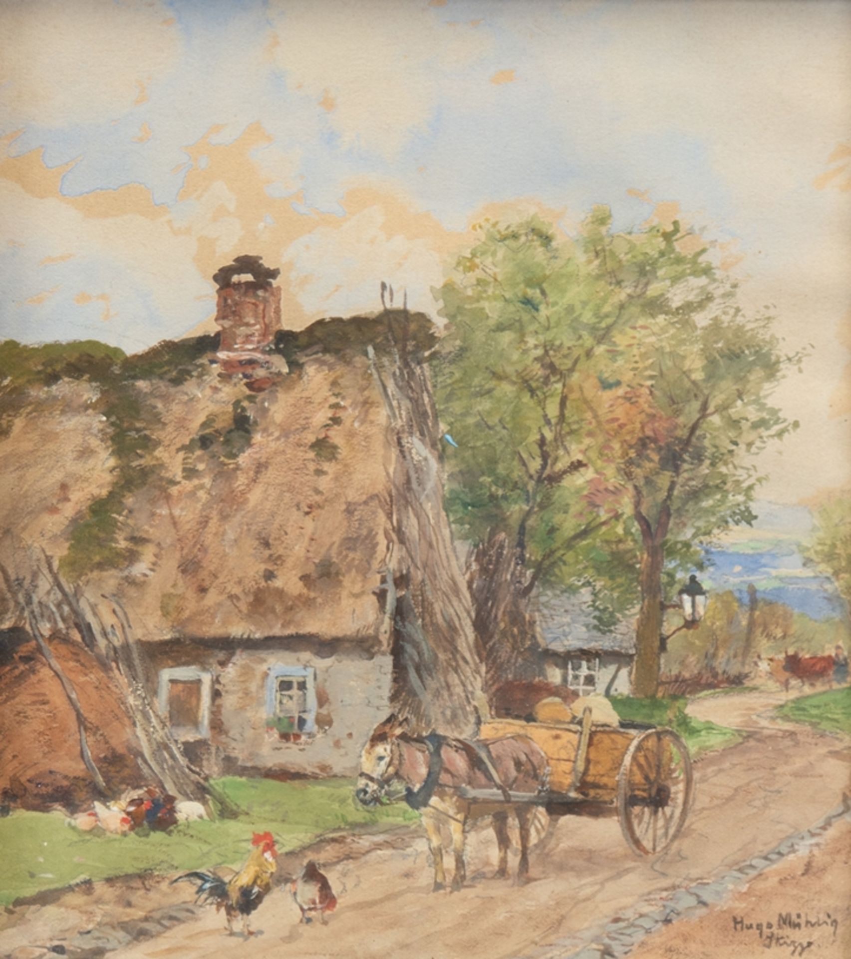 Mühlig, Hugo (1854 Dresden-1929 Düsseldorf) "Pferdekarren und Hühner vor Bauerngehöft", Aquarell, s