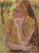 Maler des 20. Jh. "Porträt einer jungen Frau mit aufgestütztem Kinn", Pastell, unsigniert, Wasserfl