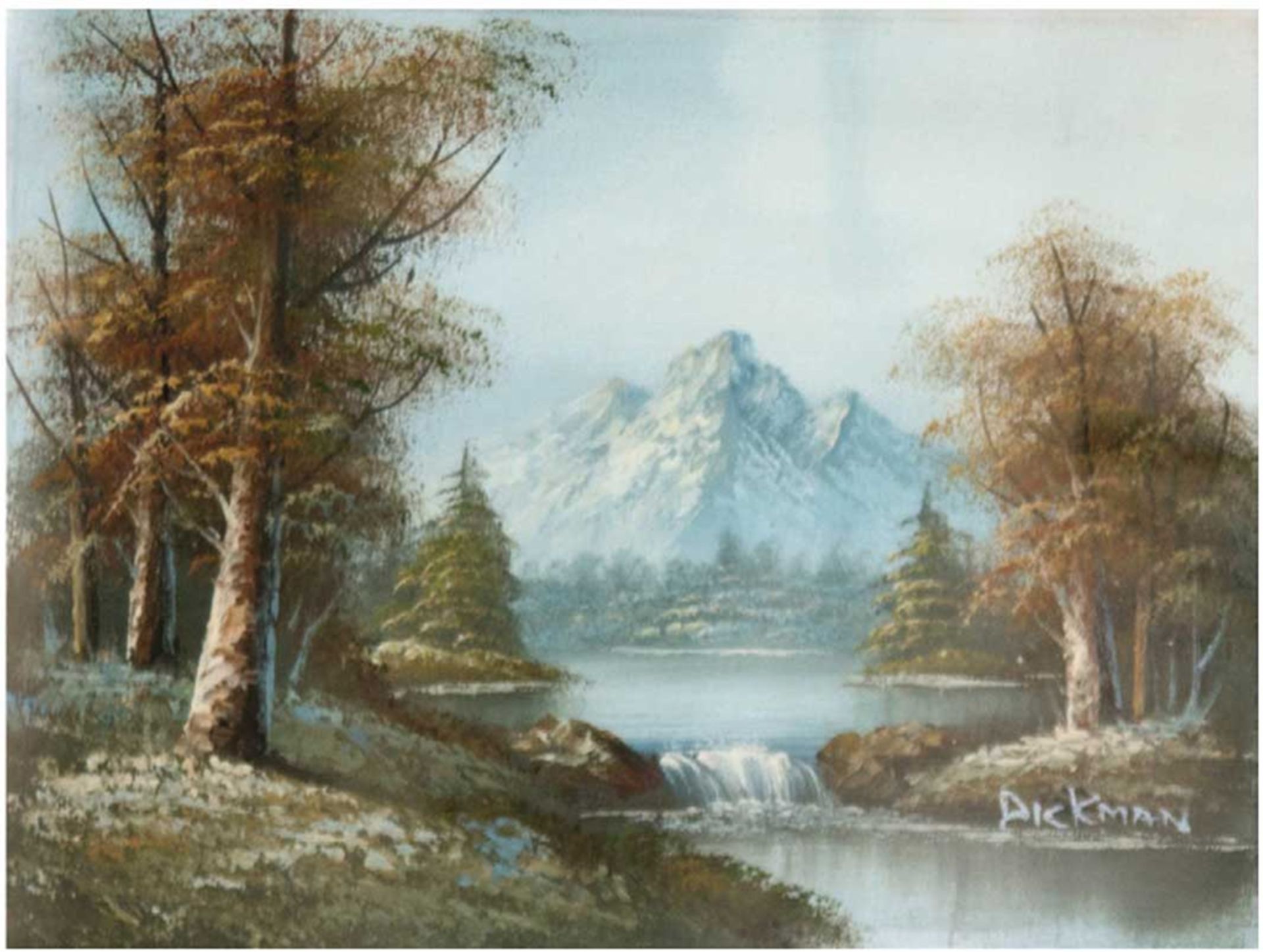 Dickmann (20. Jh.) "Flußlandschaft im Hochgebirge", Öl/Lw., signiert u.r., 23x29 cm, hinter Glas im