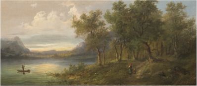 Boehm, Eduard (1830-1890) "Romantischer Gebirgssee mit Ruderer und Frau mit Kind auf Uferweg", Öl/L