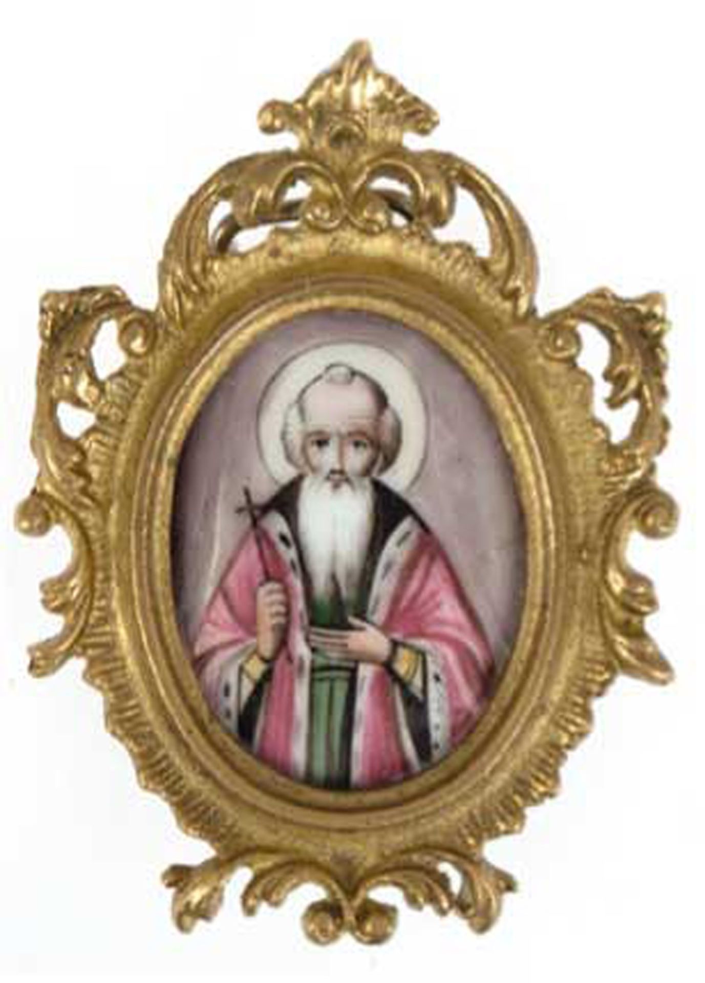 Ikone "Sergius von Radonezh", feine Malerei auf Porzellan, oval, im vergoldeten Bronzerahmen, 8x5,5