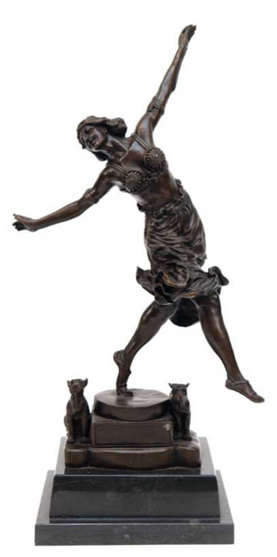 Skulptur "Tänzerin mit zwei Hunden", Bronze, braun patiniert, auf quadratischem Marmorsockel, H. 49