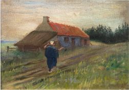 Landschaftsmaler 19. Jh. "Frau am Bauernhaus", Öl/Lw., undeutl. sign. u.r., 30x35 cm, Rahmen