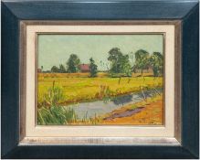 Koepke, Robert (1893 Bremen-1968 St. Jürgen/Worpswede) "Sommerlandschaft mit Bachlauf", Öl/Platte, 