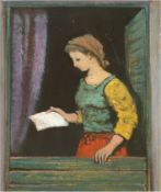 Kuchen, Josef (1907 in Mariadorf-1970 in Neuss) "Halbporträt einer jungen Frau am Fenster", Öl/Hart