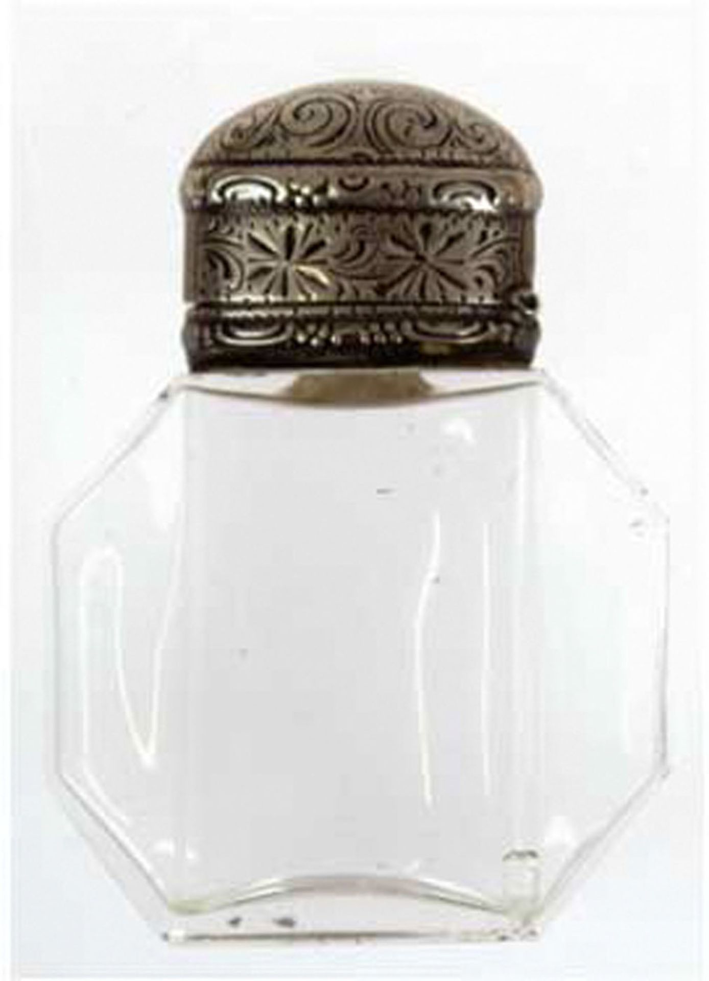 Flakon, 20/30er Jahre, Glas, flache 8-kantige Form mit 800er Silbermontierung, ziseliert, Niellodek
