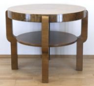 Art-Deco-Tisch, Nußbaum furniert, runde Platte und Zwischenplatte, Gebrauchspuren, H. 74 cm, Dm. 90