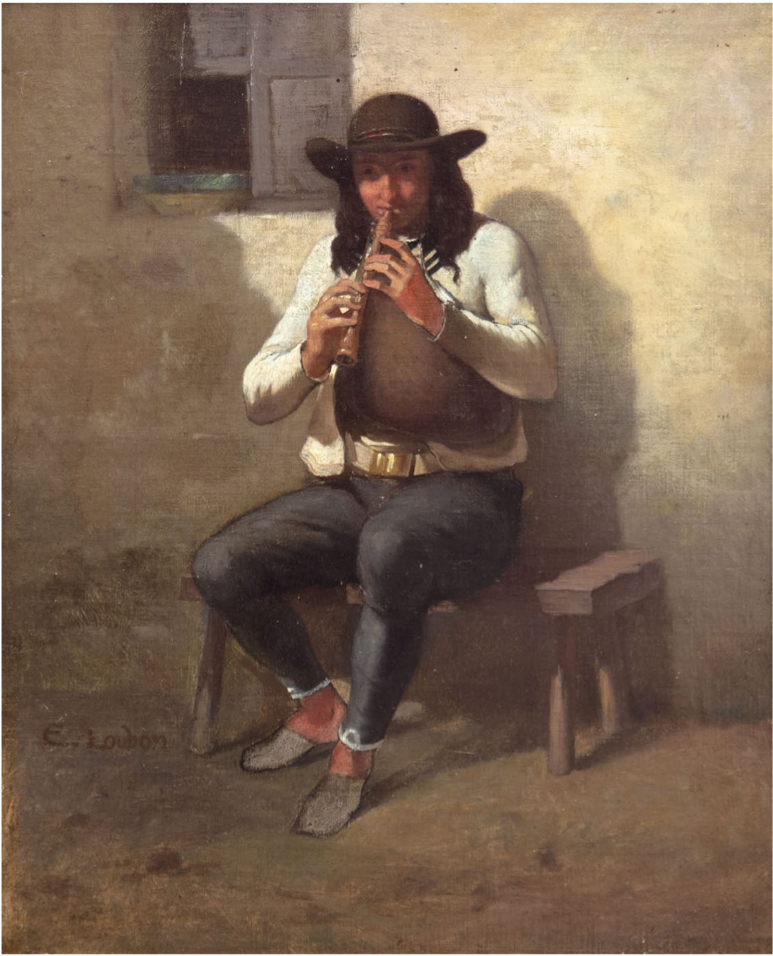 Maler des 19. Jh. "Flötespieler", Öl/Lw., nachträgl. bez. "E.Loubon", u.l., 40x32 cm, Rahmen