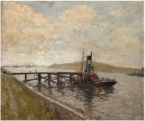 Landschaftsmaler des 20. Jh. "Schlepper auf dem Rhein", Öl/SH, undeutl. sign. u.r., 60x70 cm, Rahme