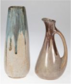 2 Vasen, Frankreich, signiert "Denbac", beige, Steinzeug mit polychromer Laufglasur, 1 Vase mit Hen