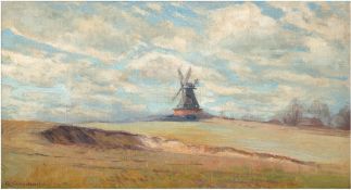 Steinbach, Eduard (1878 Hamburg-1939 Hamburg) "Weite Landschaft mit Windmühle unter wolkenbehangene