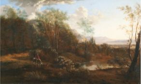 Landschaftsmaler Anf. 19. Jh. "Reiter in schottischer Moorlandschaft ", Öl/Mp., unsigniert, 30x48,5