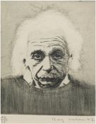"Albert Einstein", Grafik, undeutl. sign. u.r. und dat.´72, 10/35, 14x12 cm, im Passepartout hinter