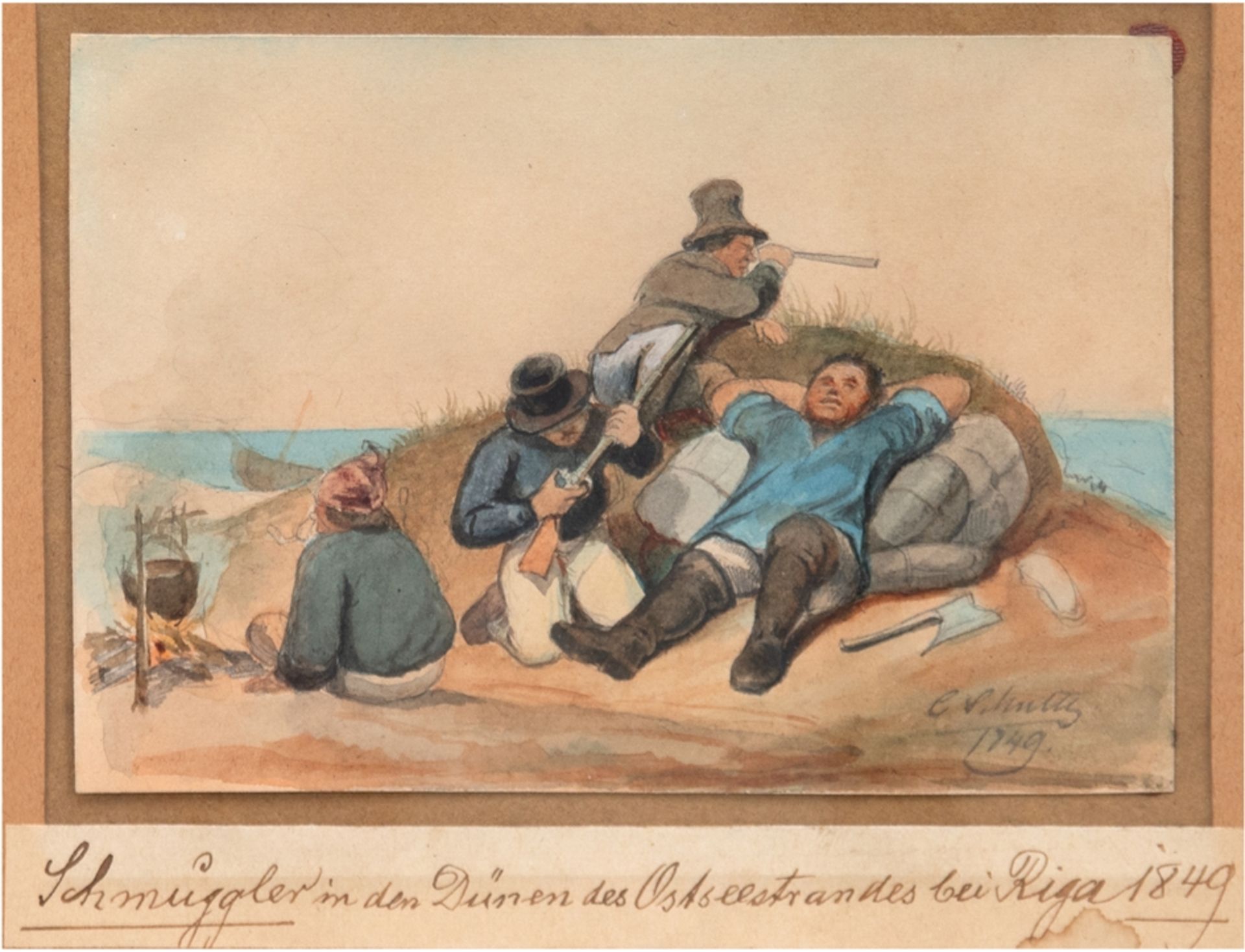 Schulz, Carl Friedrich (1796 Selchow-1846 Neuruppin) "Schmuggler in den Dünen des Ostseestrandes be