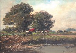 Coune, Jean (1900-1963) "Grasende Kühe am Seeufer vor Gehöft unter Bäumen", Öl/Lw., signiert u.r., 