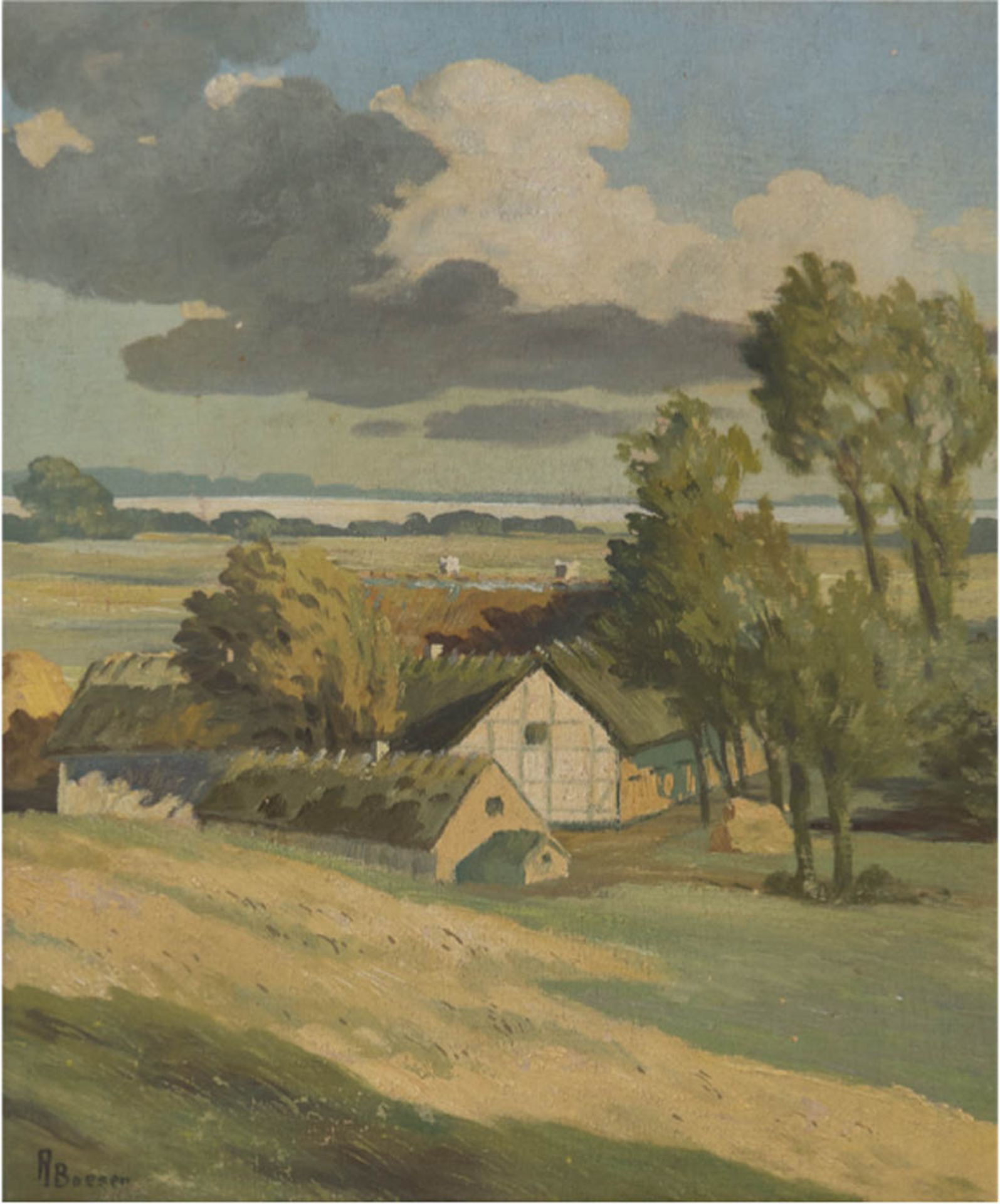 Boesen, Arthur (1870- 1949) "Blick auf Bauerngehöft in Boddenlandschaft", Öl/Lw., signiert u.l., kl