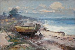 Rosengren, Jean (1894-1965) "Strandmotiv mit Ruderboot", Öl/Hartfaser., sign. u.l., 16,5x24 cm, Rah