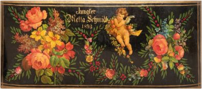 Spanholz-Namenschild, wohl für Hutschachtel, bez. "Jungfer Metta Schmidt, 1893", mit polychromer Bl