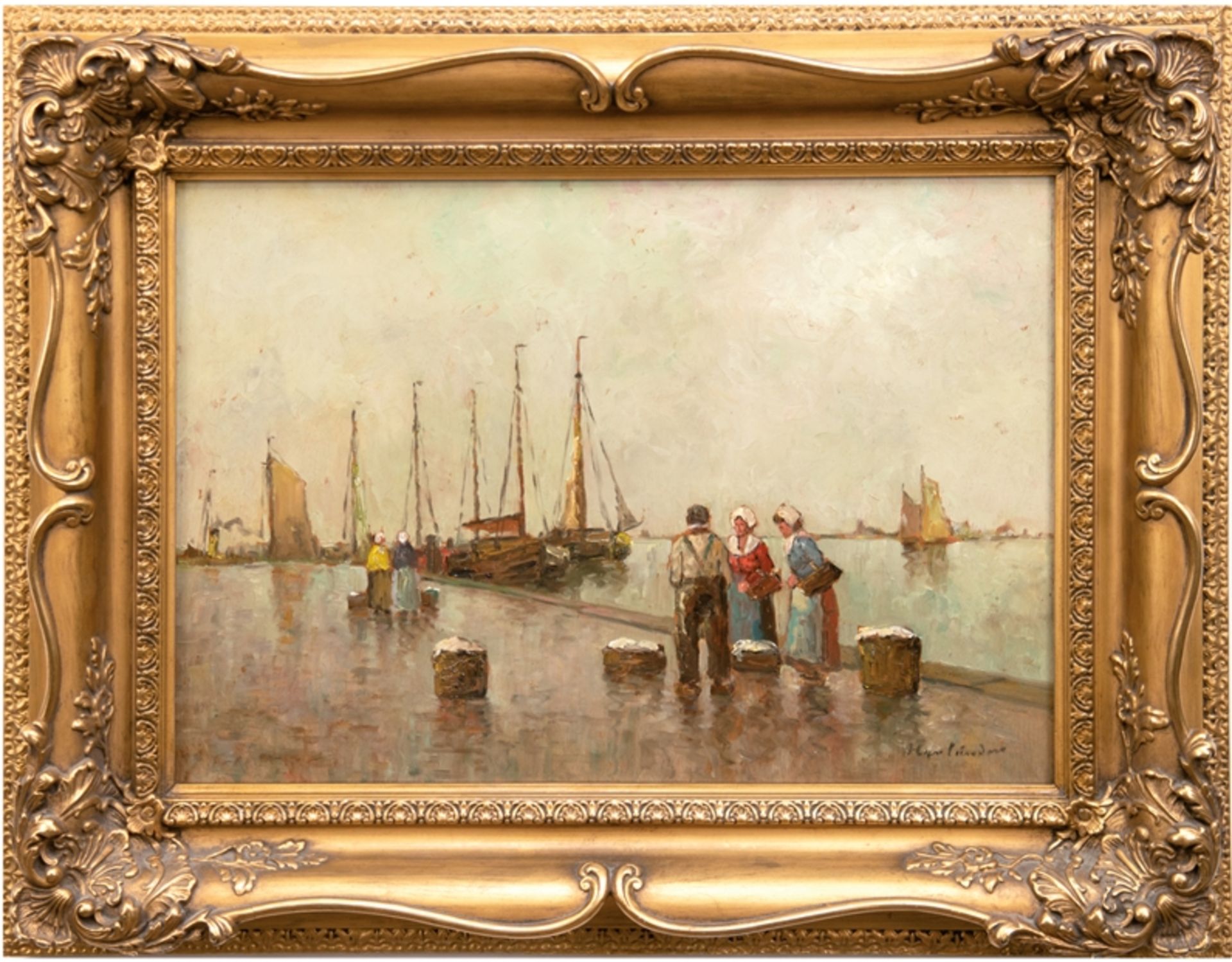 Harländer, Hans (1880 Hamburg-1943 Arnstadt) "Am Fischerhafen", Öl/Sperrholz, sign. u.r., 35x50 cm,