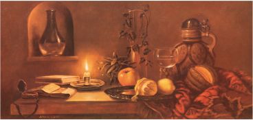 Wanner "Stilleben mit Krug, Früchten und Kerze, Öl/Lw., sign. u.l., 39x79 cm, Rahmen