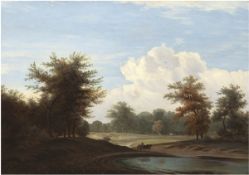 Ridel, Rudolf (1828 Weimar-1893 ebenda) "Romantische Landschaft mit Pferdewagen am See", Öl/Lw., mo