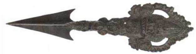 Opferdolch, Tibet, Bronze, dunkel patiniert, figürlich reliefiert, L. 31 cm