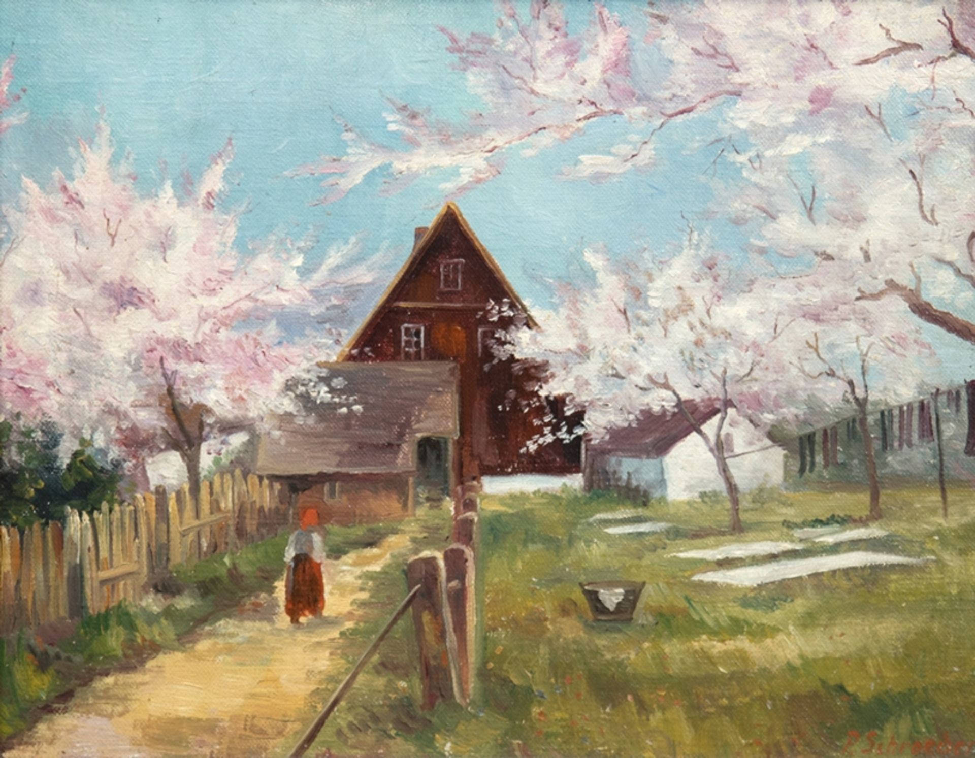 Schroeter, Paul (1866 Kempen, Posen-1946 Linow) "Baumblüte vor dem Gehöft", Öl/Lw. auf Holz aufgezo