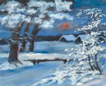 "Winterlandschaft in der Abendsonne", Mischtechnik, unsign., 18x18 cm, im Passepartout hinter Glas 