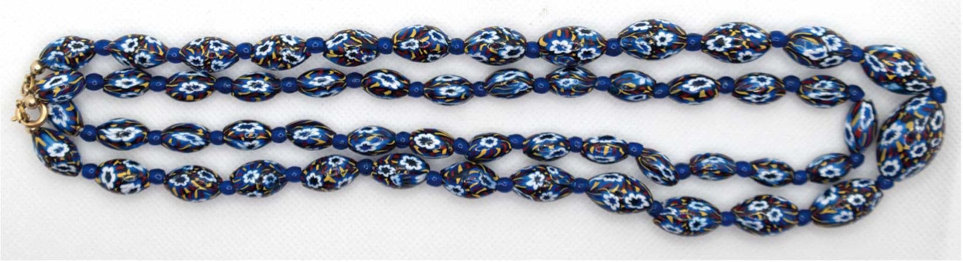 Murano-Glaskette, zweireihig, blaue Oliven mit floralen und verschiedenfarbigen Motiven, Länge ca. 
