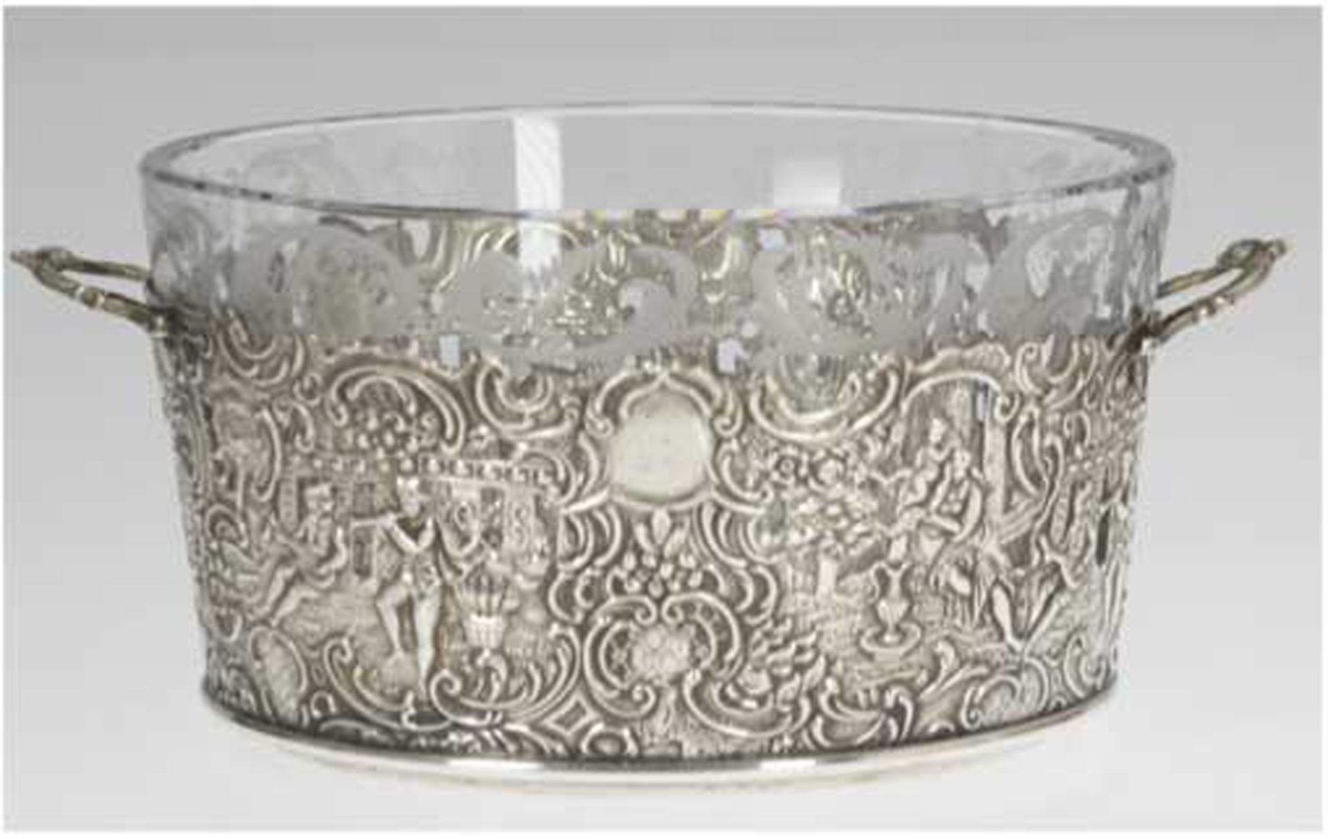 Schale, 925er Silber mit geschliffenem Glaseinsatz, punziert, 126 g (ohne Glaseinsatz gewogen) durc