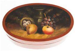 Kleine Hutschachtel, um 1900, Holzspan, oval, Deckel mit Früchtestillebenmalerei, 9x26,5x16,5 cm