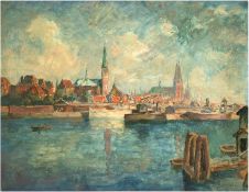 Schodde, Wilhelm (1883 Hamburg-Altona-1951 Lübeck) "Hafen von Lübeck", Öl/SH,, sign. u.r., 62x76,5 