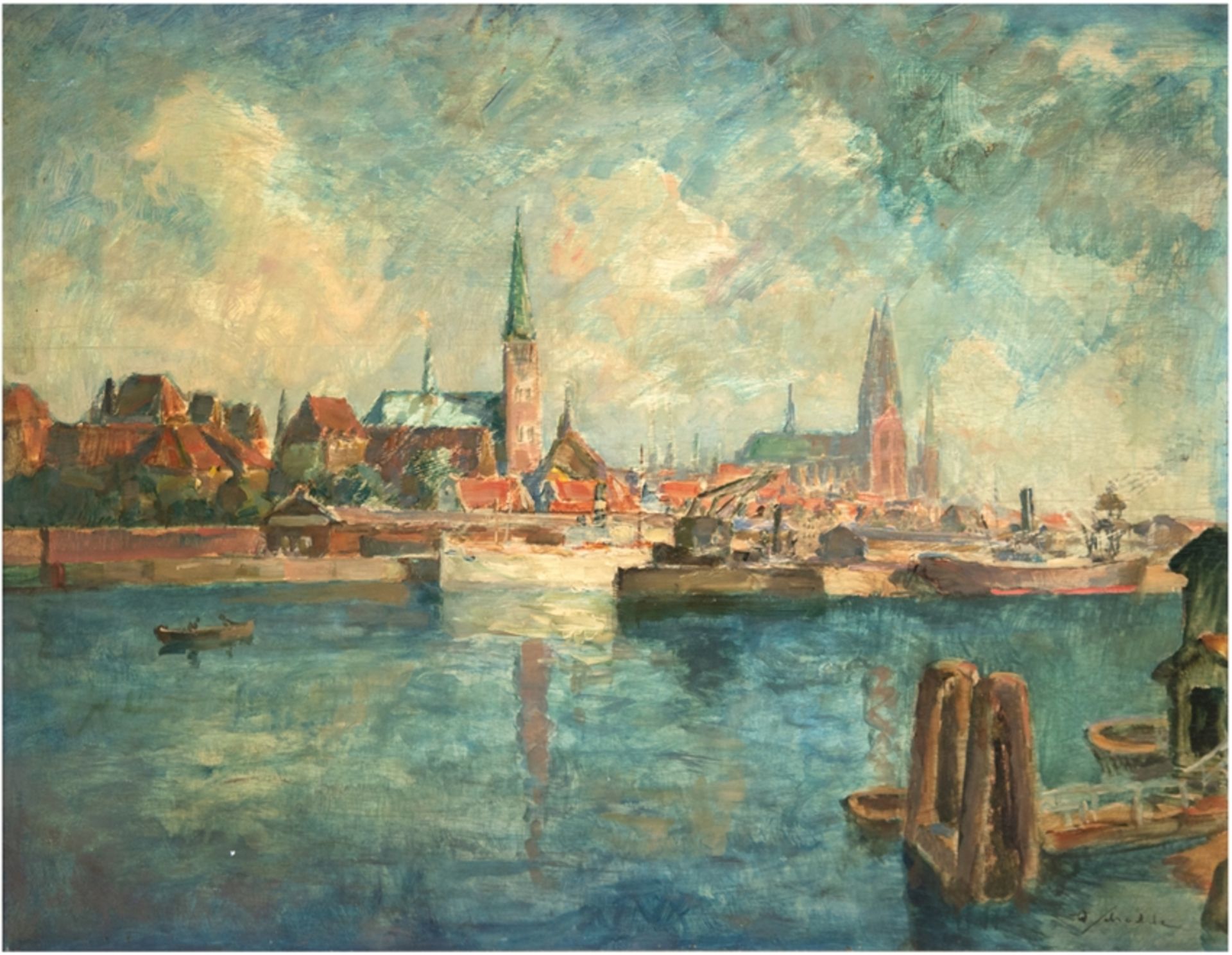 Schodde, Wilhelm (1883 Hamburg-Altona-1951 Lübeck) "Hafen von Lübeck", Öl/SH,, sign. u.r., 62x76,5 