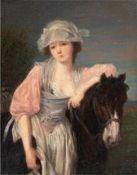 "Junge Frau mit Pferd", Öl/Holz, undeutl. sign. u.r., 15x11,5 cm, Rahmen