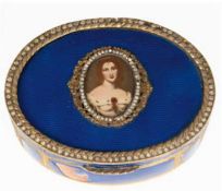 Deckeldose, Frankreich, Metall, vergoldet und blau emailliert, ovale Form, Deckel mit Damenporträt,