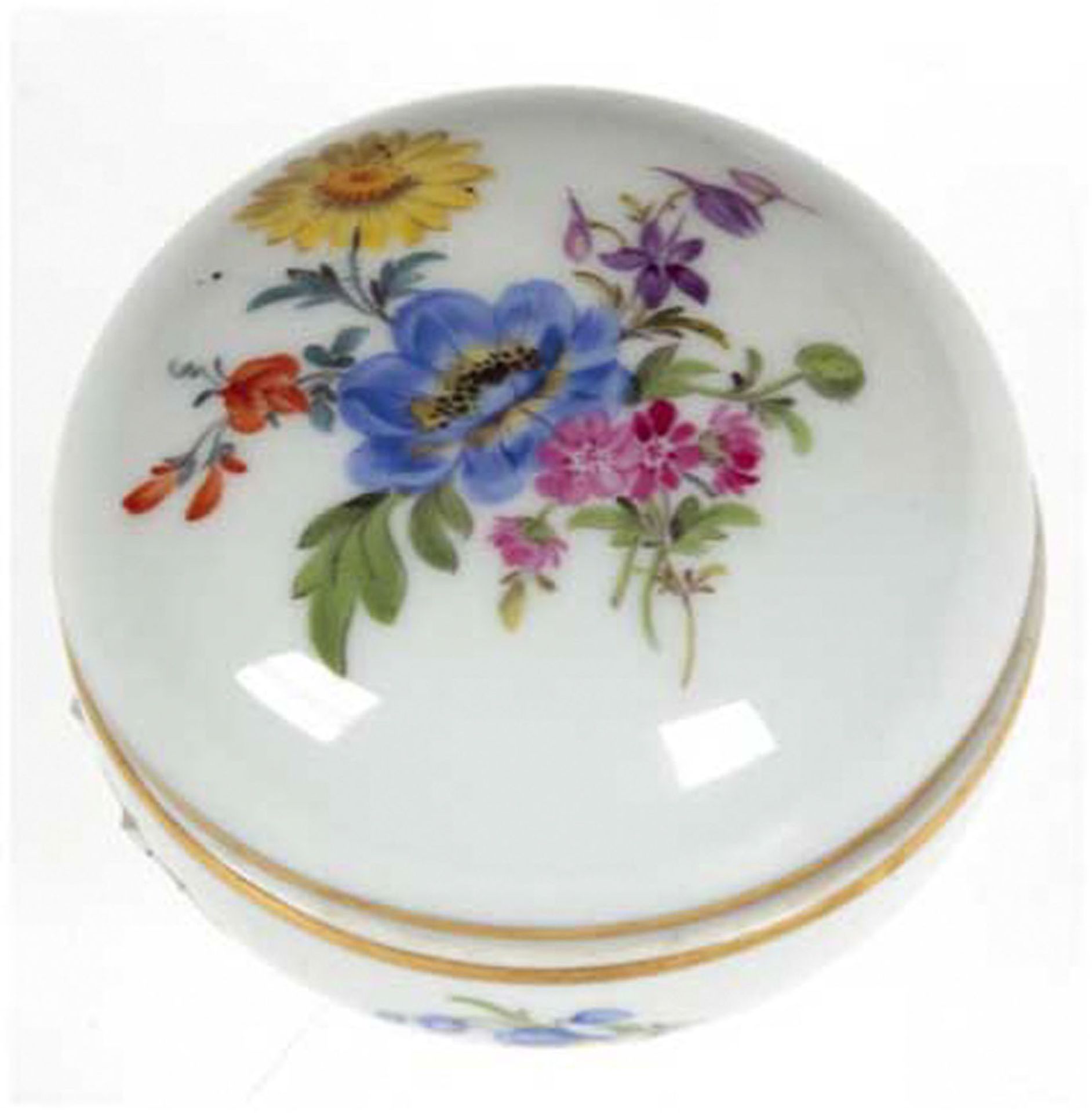 Meissen-Deckeldose, Bunte Blume 5, Goldrand, 1. Wahl, Dm. 7 cm