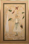 Persische Seidenmalerei "Falkner mit seinen Tieren", Gouache/Seide, 153x95 cm, im Passepartout und 